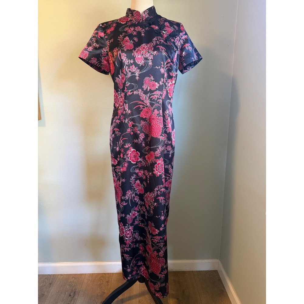 Black Red Floral Cheongsam Mandarin Maxi Dress 6 retro whimsigoth y2k dainty boh